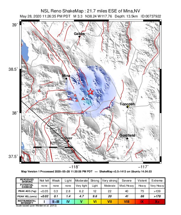 USGS ShakeMap: estimated shaking intensity around the epicenter