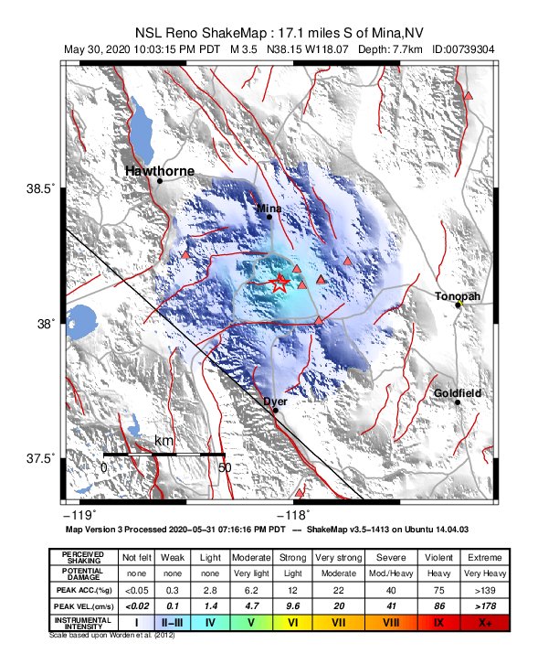 USGS ShakeMap: estimated shaking intensity around the epicenter