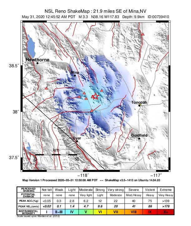 USGS ShakeMap: estimated shaking intensity around the epicenter
