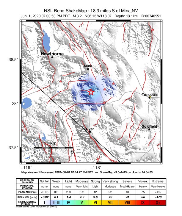 USGS ShakeMap: estimated shaking intensity around the epicenter