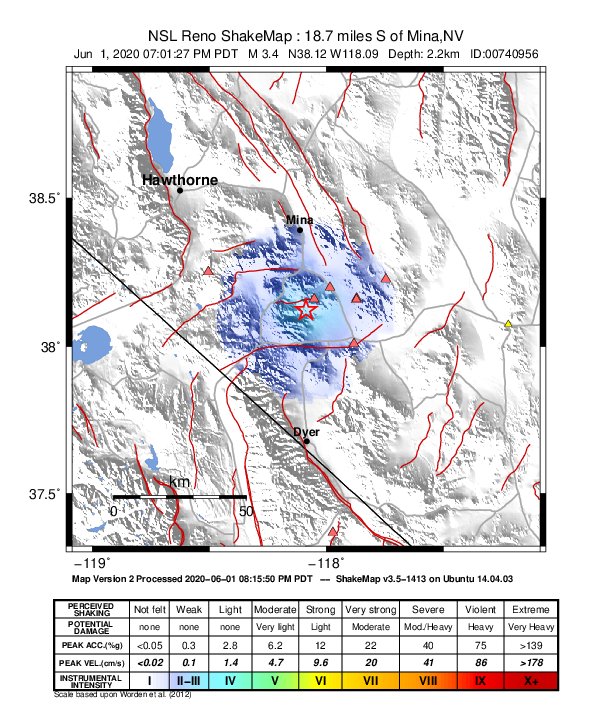 USGS ShakeMap: estimated shaking intensity around the epicenter