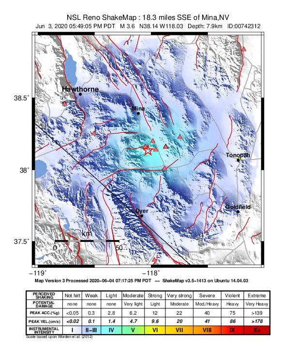 USGS ShakeMap: estimated shaking intensity around the epicenter