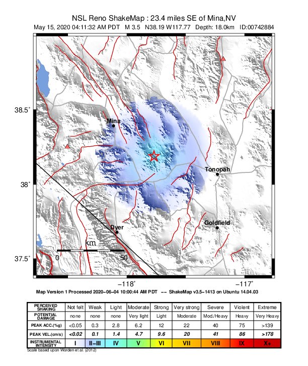 USGS ShakeMap: estimated shaking intensity around the epicenter