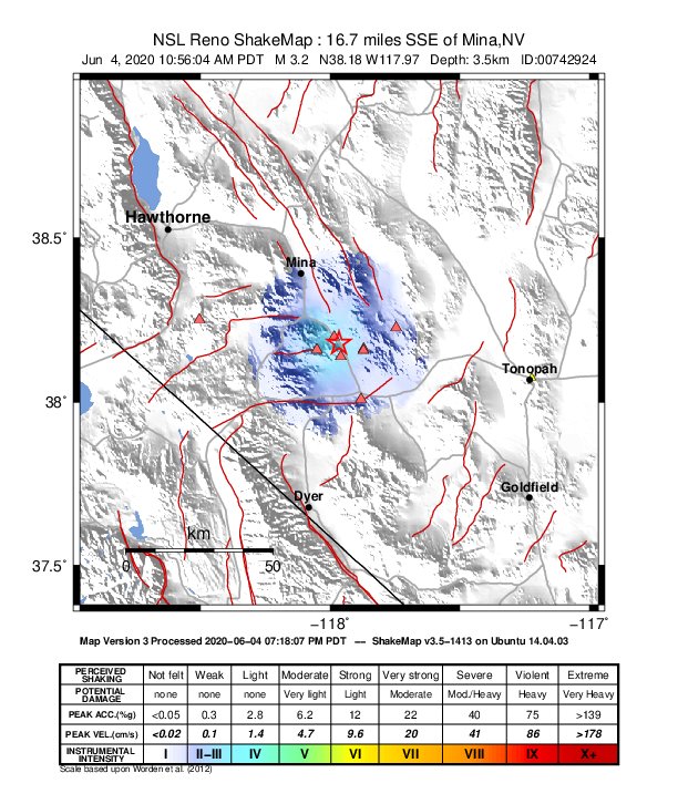 USGS ShakeMap: estimated shaking intensity around the epicenter