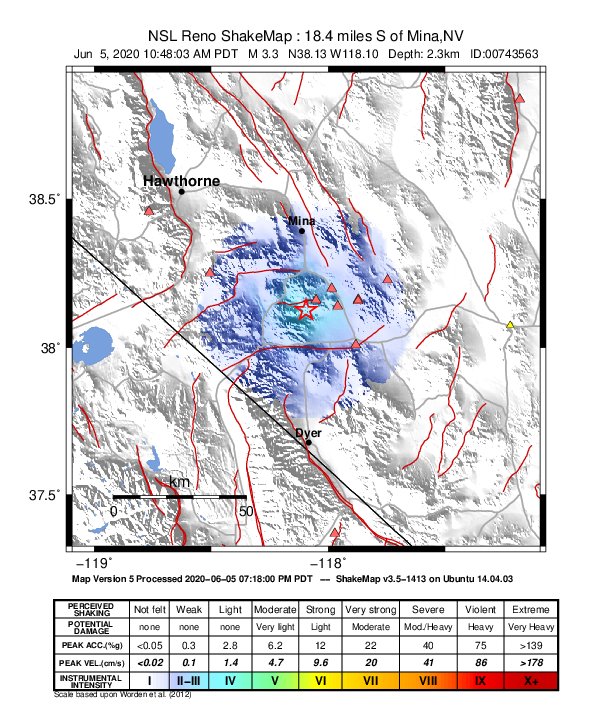 USGS ShakeMap: estimated shaking intensity around the epicenter