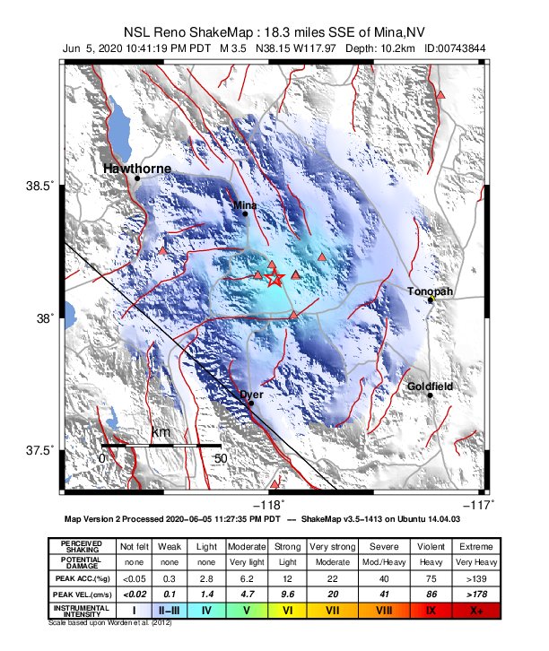 USGS ShakeMap: estimated shaking intensity around the epicenter