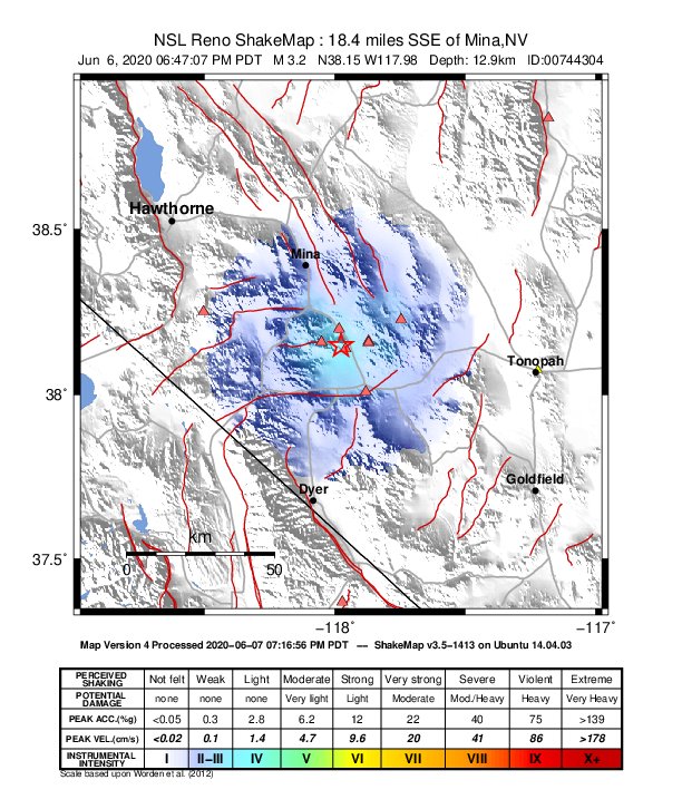 USGS ShakeMap: estimated shaking intensity around the epicenter