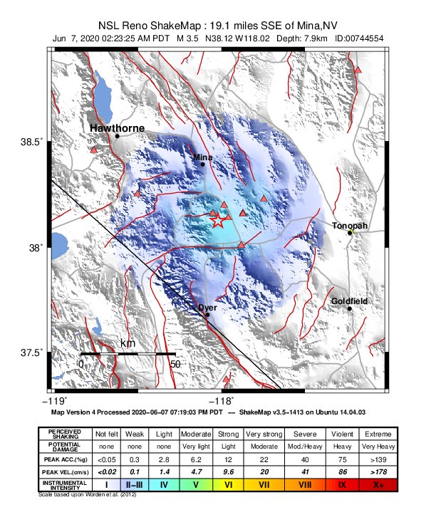 USGS ShakeMap: estimated shaking intensity around the epicenter