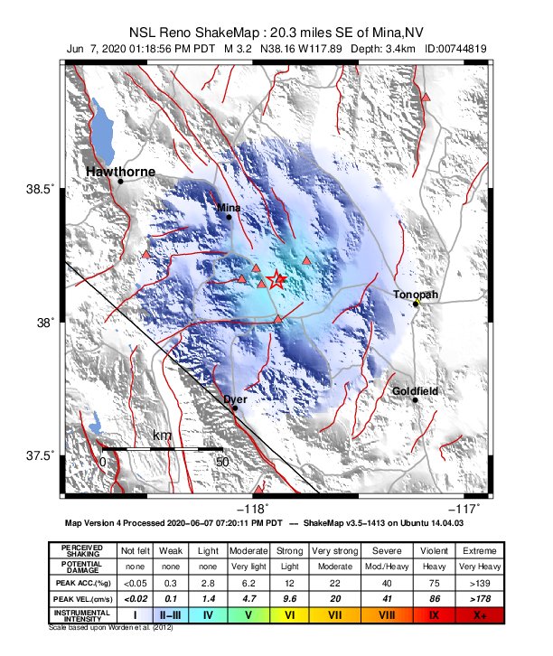 USGS ShakeMap: estimated shaking intensity around the epicenter