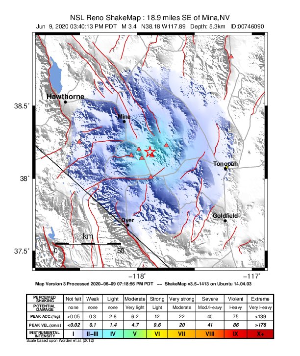 USGS ShakeMap: estimated shaking intensity around the epicenter