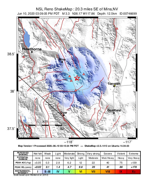 USGS ShakeMap: estimated shaking intensity around the epicenter