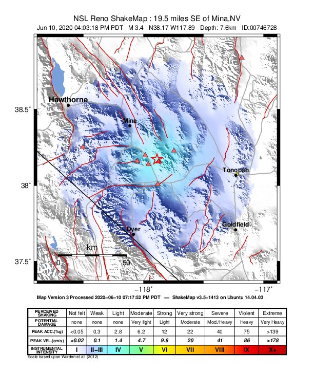 USGS ShakeMap: estimated shaking intensity around the epicenter