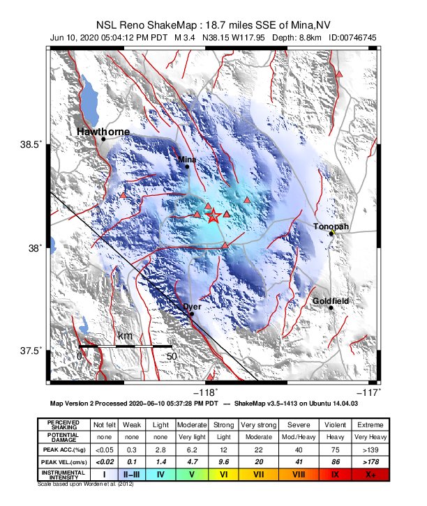 USGS ShakeMap: estimated shaking intensity around the epicenter