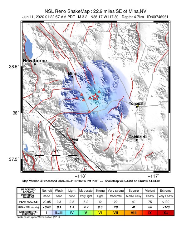 USGS ShakeMap: estimated shaking intensity around the epicenter