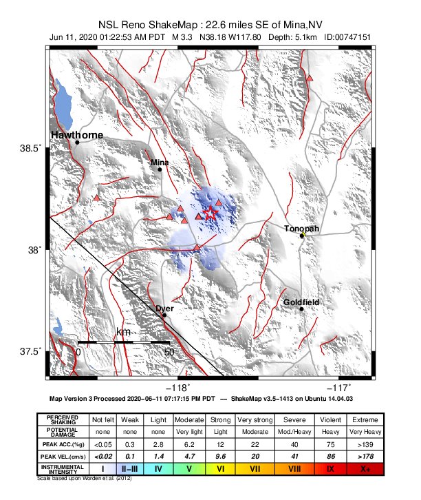 USGS ShakeMap: estimated shaking intensity around the epicenter