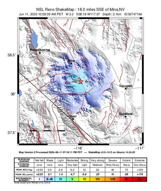 USGS ShakeMap: estimated shaking intensity around the epicenter