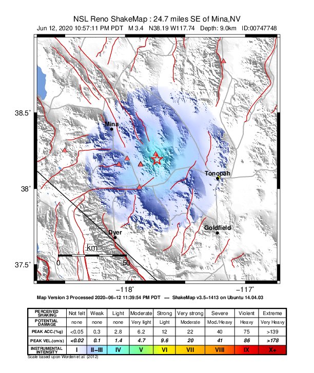USGS ShakeMap: estimated shaking intensity around the epicenter