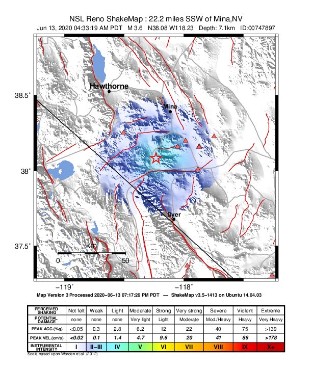 USGS ShakeMap: estimated shaking intensity around the epicenter
