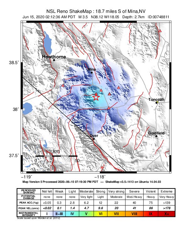 USGS ShakeMap: estimated shaking intensity around the epicenter