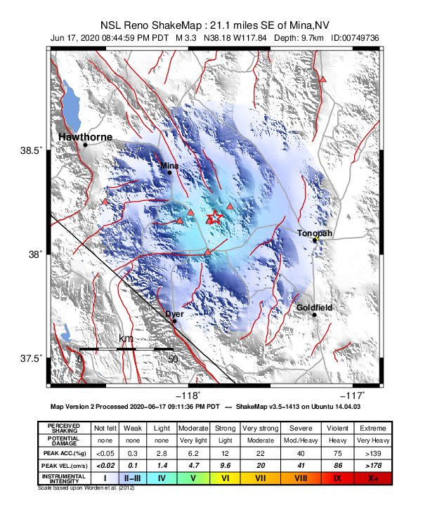 USGS ShakeMap: estimated shaking intensity around the epicenter