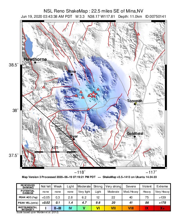 USGS ShakeMap: estimated shaking intensity around the epicenter
