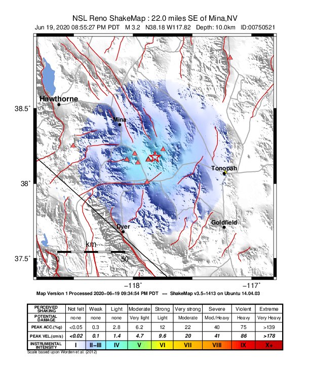 USGS ShakeMap: estimated shaking intensity around the epicenter
