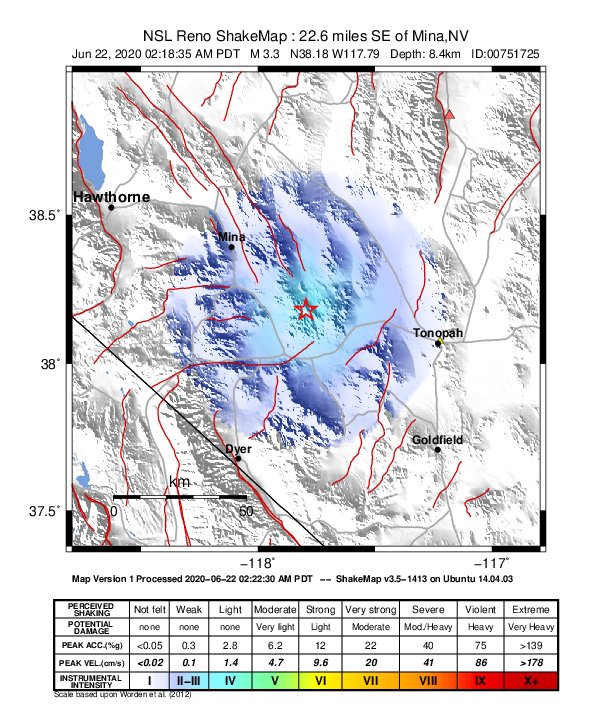 USGS ShakeMap: estimated shaking intensity around the epicenter