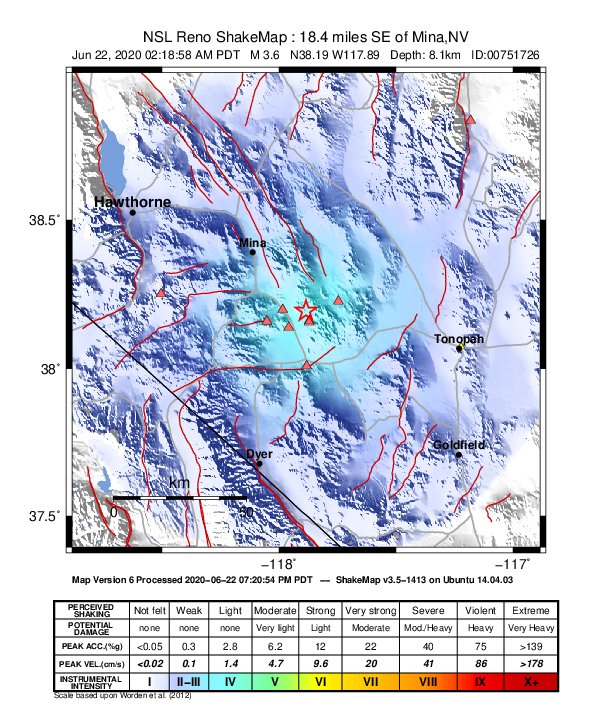 USGS ShakeMap: estimated shaking intensity around the epicenter