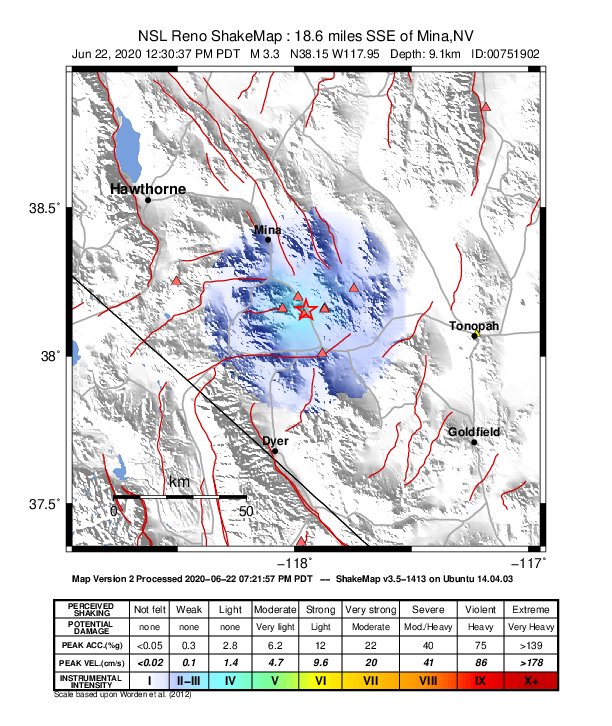 USGS ShakeMap: estimated shaking intensity around the epicenter