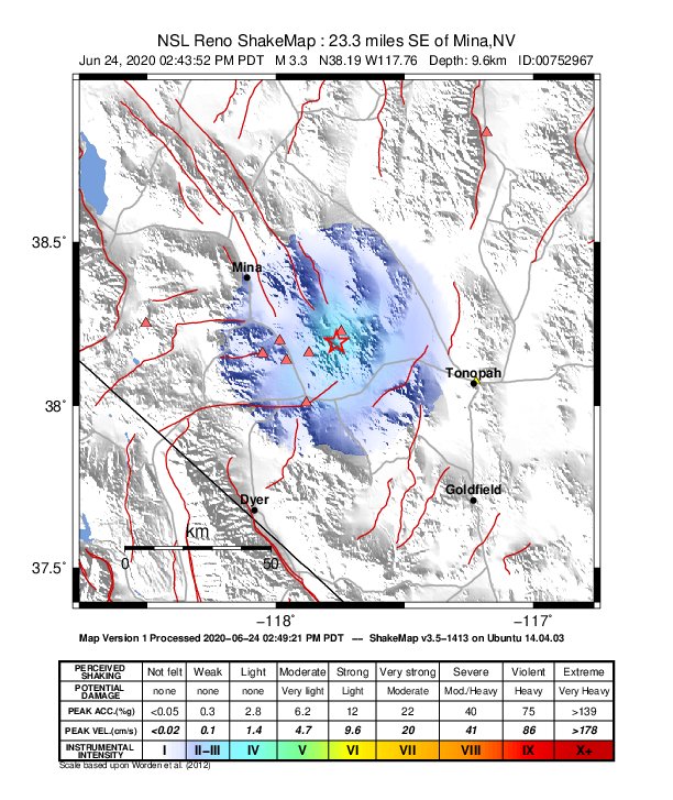 USGS ShakeMap: estimated shaking intensity around the epicenter