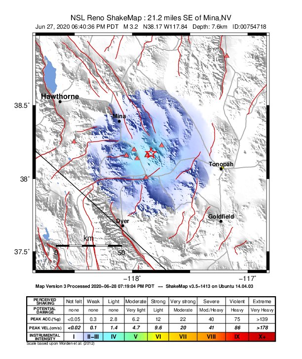 USGS ShakeMap: estimated shaking intensity around the epicenter