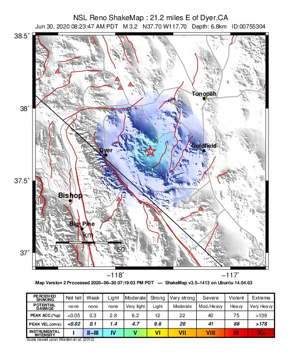 USGS ShakeMap: estimated shaking intensity around the epicenter