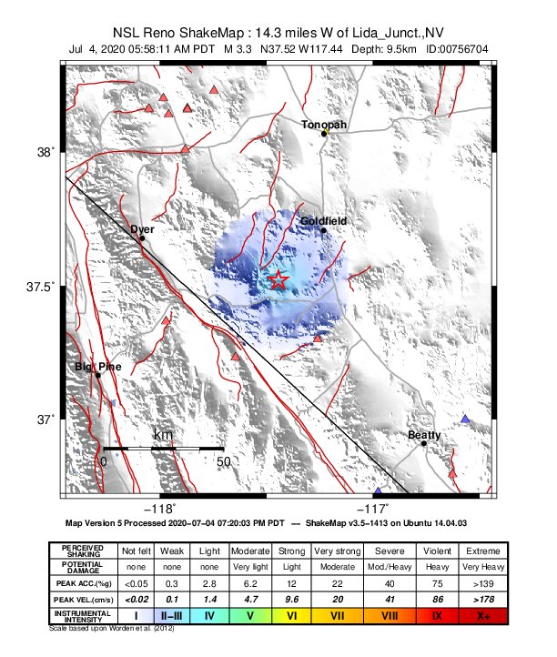 USGS ShakeMap: estimated shaking intensity around the epicenter