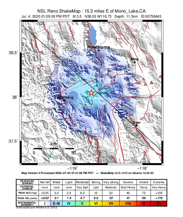 USGS ShakeMap intensity contours for the M3.2 earthquake near 30km SE of Bodie, CA
