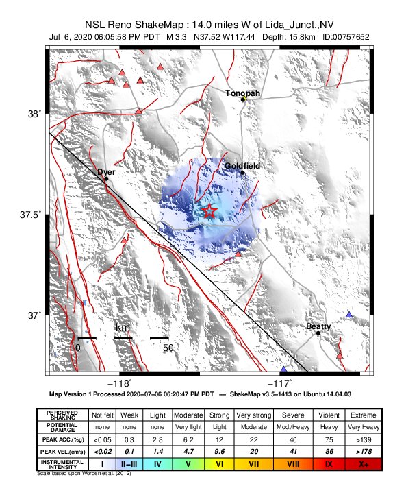 USGS ShakeMap: estimated shaking intensity around the epicenter