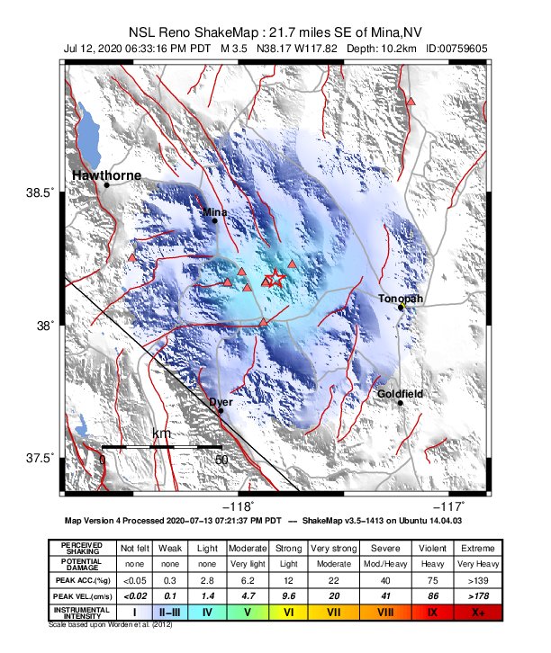 USGS ShakeMap: estimated shaking intensity around the epicenter