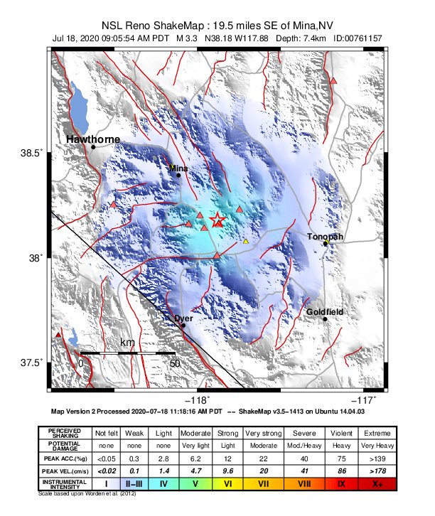 USGS ShakeMap: estimated shaking intensity around the epicenter