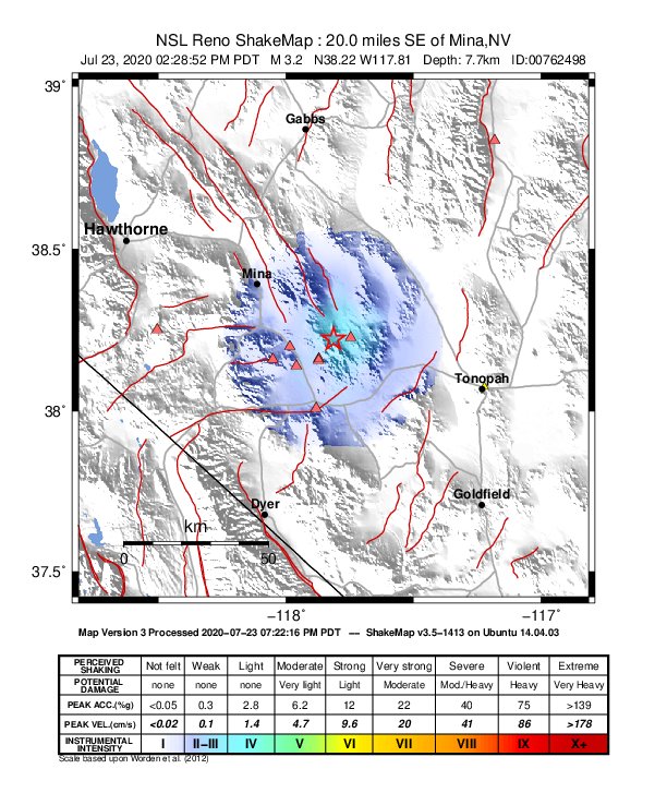 USGS ShakeMap: estimated shaking intensity around the epicenter