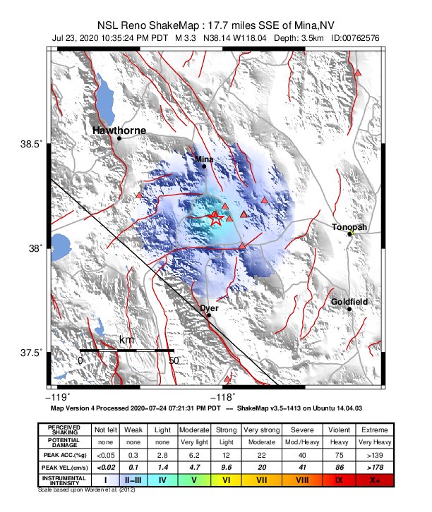 USGS ShakeMap: estimated shaking intensity around the epicenter