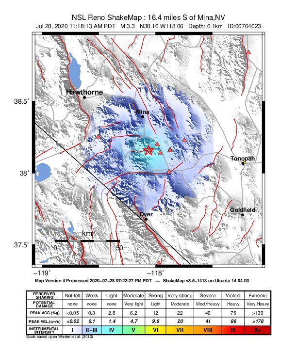 USGS ShakeMap: estimated shaking intensity around the epicenter