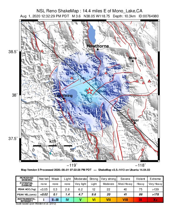USGS ShakeMap intensity contours for the M3.3 earthquake near 30km SE of Bodie, CA