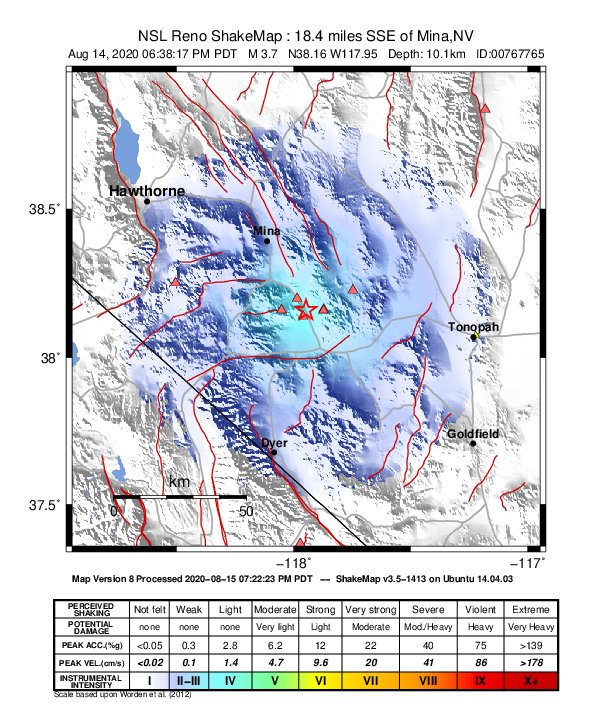 USGS ShakeMap: estimated shaking intensity around the epicenter