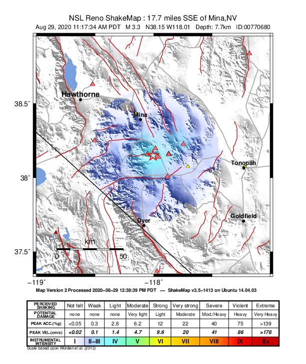 USGS ShakeMap: estimated shaking intensity around the epicenter