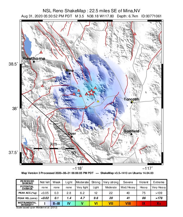 USGS ShakeMap: estimated shaking intensity around the epicenter