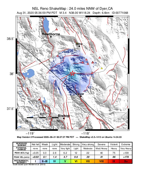 USGS ShakeMap: estimated shaking intensity around the epicenter