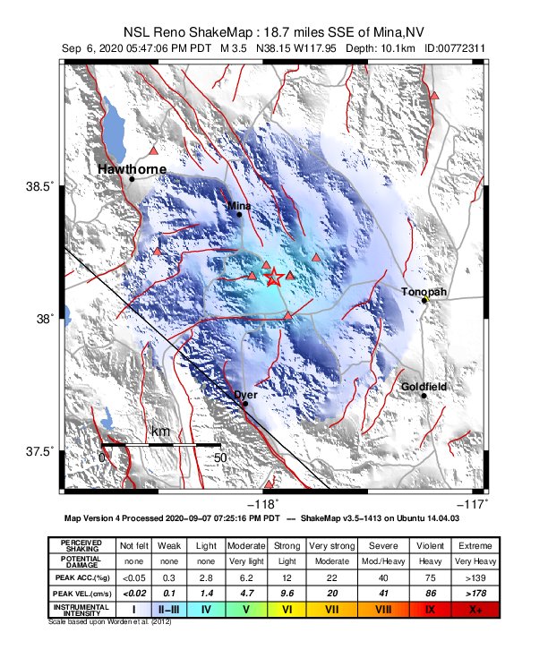 USGS ShakeMap: estimated shaking intensity around the epicenter