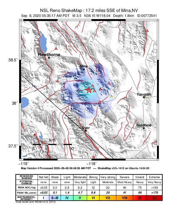 USGS ShakeMap: estimated shaking intensity around the epicenter