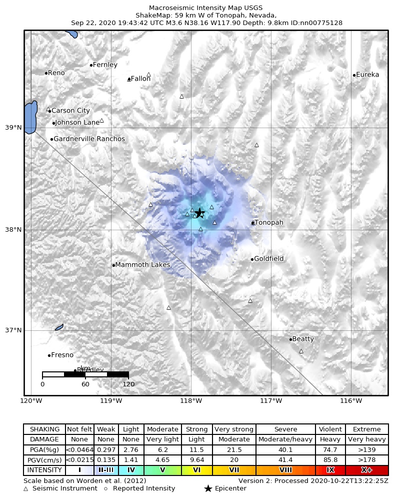 USGS ShakeMap: estimated shaking intensity around the epicenter