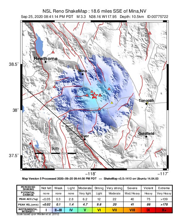USGS ShakeMap: estimated shaking intensity around the epicenter