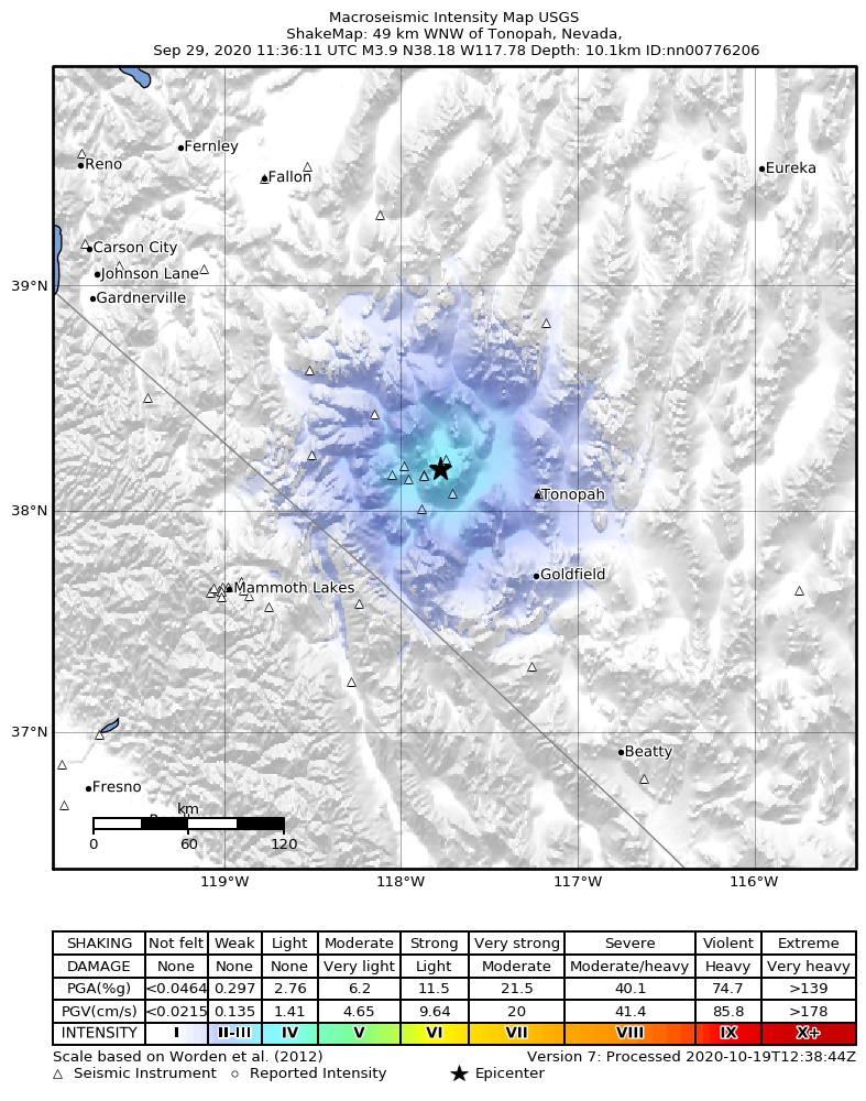 USGS ShakeMap: estimated shaking intensity around the epicenter